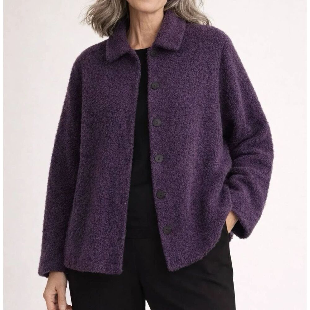 Eileen Fisher Women's Purple Bouclé Wool Jacket Cozy Texture Button Front Coat L